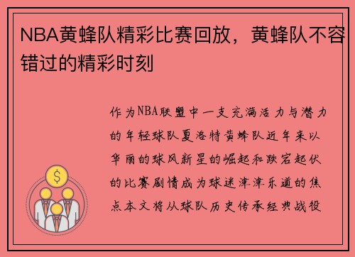 NBA黄蜂队精彩比赛回放，黄蜂队不容错过的精彩时刻