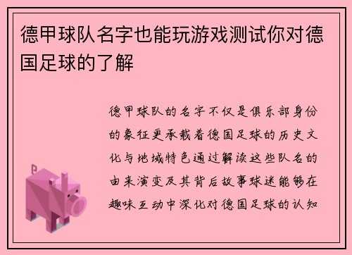德甲球队名字也能玩游戏测试你对德国足球的了解
