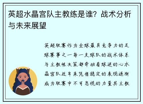 英超水晶宫队主教练是谁？战术分析与未来展望